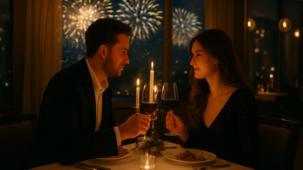 Capodanno romantico a Foggia: hotel, cena e idee per coppie Coppia durante una cena romantica di Capodanno