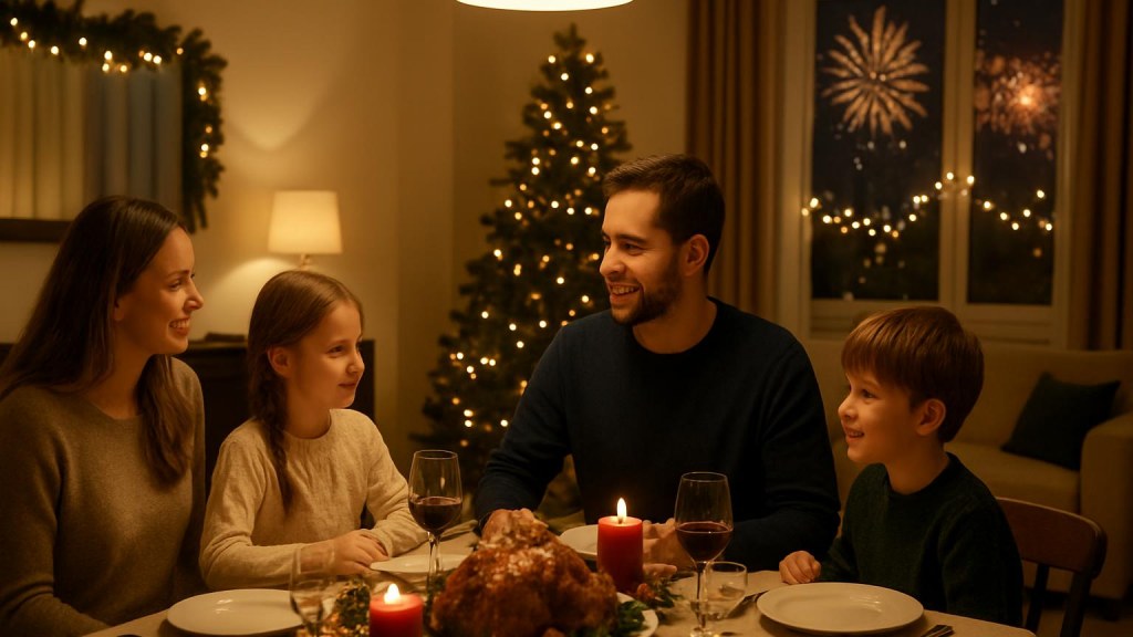 Famiglia con bambini in ambiente accogliente per Capodanno